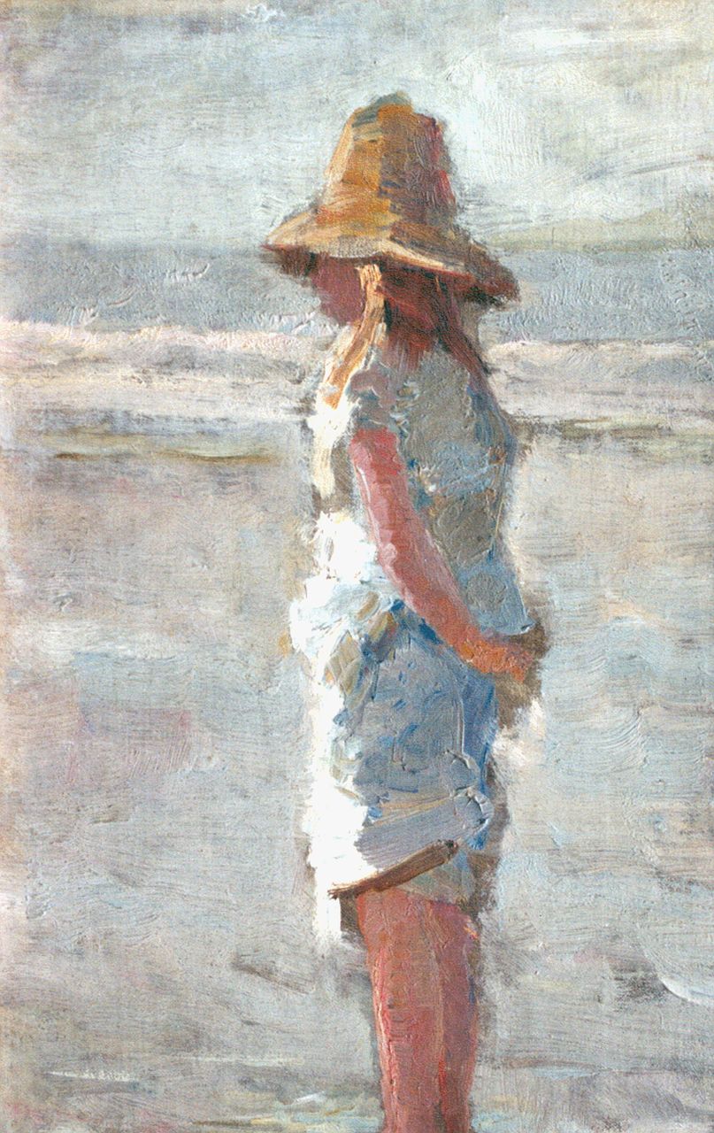 Maarel M. van der | Marinus van der Maarel, Meisje aan het strand, olieverf op doek op board 31,3 x 21,6 cm Maarel M. van der | Marinus van der Maarel, Meisje aan het strand, olieverf op doek op board 31,3 x 21,6 cm