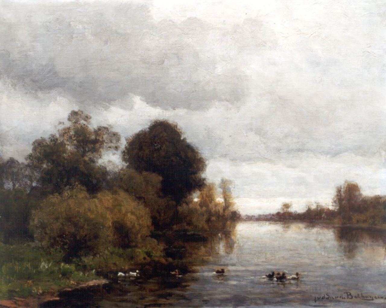 Sande Bakhuyzen J.J. van de | Julius Jacobus van de Sande Bakhuyzen, Verstild riviergezicht, olieverf op doek op paneel 37,2 x 45,2 cm, gesigneerd rechtsonder Sande Bakhuyzen J.J. van de | Julius Jacobus van de Sande Bakhuyzen, Verstild riviergezicht, olieverf op doek op paneel 37,2 x 45,2 cm, gesigneerd rechtsonder