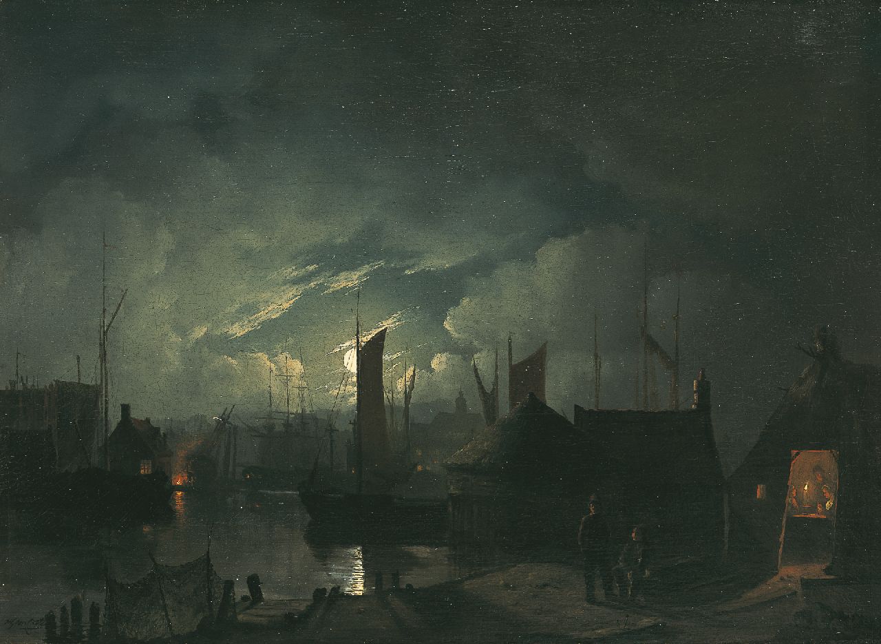 Cate H.G. ten | Hendrik Gerrit ten Cate, Havengezicht bij maanlicht, olieverf op doek 29,9 x 40,7 cm, gesigneerd linksonder