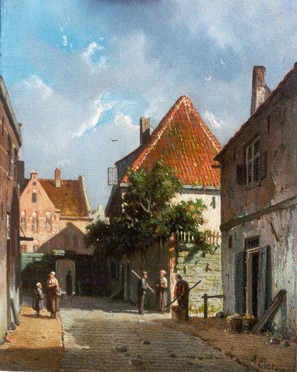 Eversen A. | Adrianus Eversen, Zonnig straatje met figuren, olieverf op paneel 18,9 x 15,1 cm, gesigneerd rechtsonder + verso op etik Eversen A. | Adrianus Eversen, Zonnig straatje met figuren, olieverf op paneel 18,9 x 15,1 cm, gesigneerd rechtsonder + verso op etik
