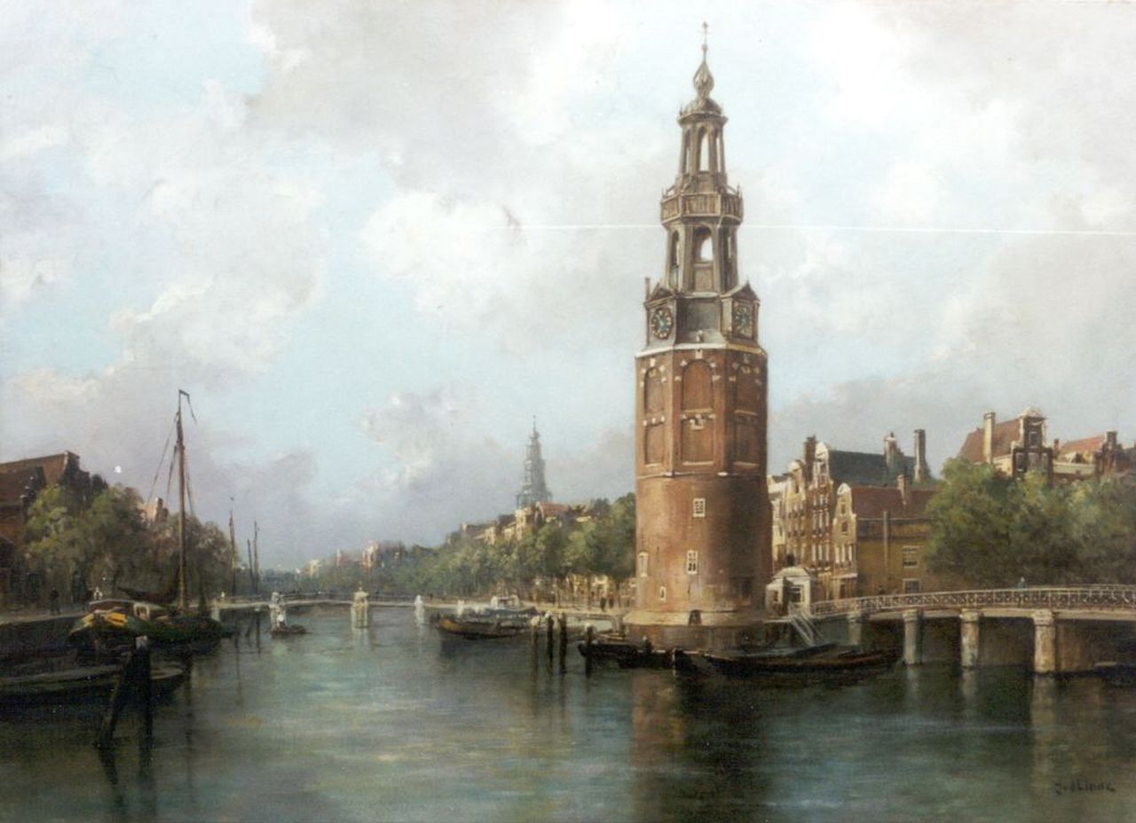 Linde J. van der | Jan van der Linde, Gezicht op de Oudeschans met de Montelbaanstoren, Amsterdam, olieverf op doek 80,9 x 110,5 cm, gesigneerd rechtsonder Linde J. van der | Jan van der Linde, Gezicht op de Oudeschans met de Montelbaanstoren, Amsterdam, olieverf op doek 80,9 x 110,5 cm, gesigneerd rechtsonder