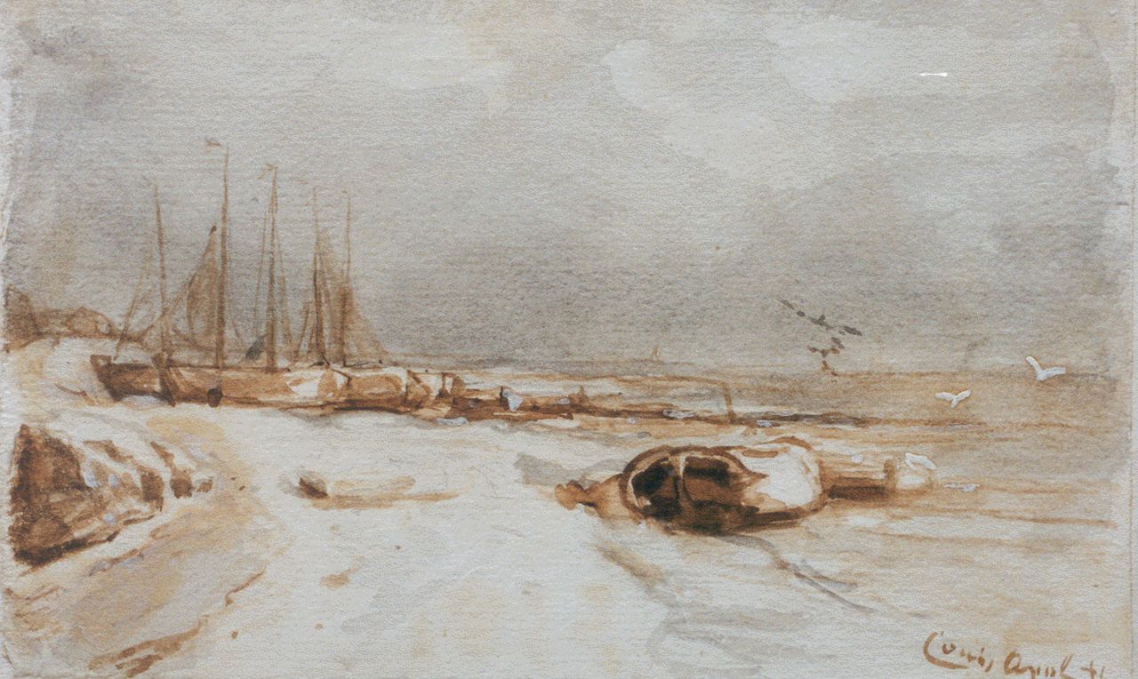 Apol L.F.H. | Lodewijk Franciscus Hendrik 'Louis' Apol, Afgemeerde boten, gewassen inkt en aquarel op papier 11,0 x 18,0 cm, gesigneerd rechtsonder Apol L.F.H. | Lodewijk Franciscus Hendrik 'Louis' Apol, Afgemeerde boten, gewassen inkt en aquarel op papier 11,0 x 18,0 cm, gesigneerd rechtsonder