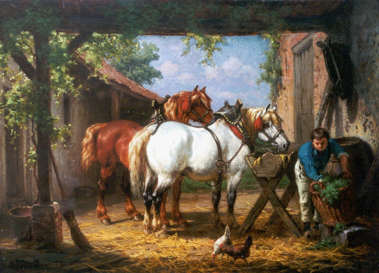 Boogaard W.J. | Willem Johan Boogaard, De paarden voeren, olieverf op paneel 30,1 x 41,2 cm, gesigneerd linksonder Boogaard W.J. | Willem Johan Boogaard, De paarden voeren, olieverf op paneel 30,1 x 41,2 cm, gesigneerd linksonder