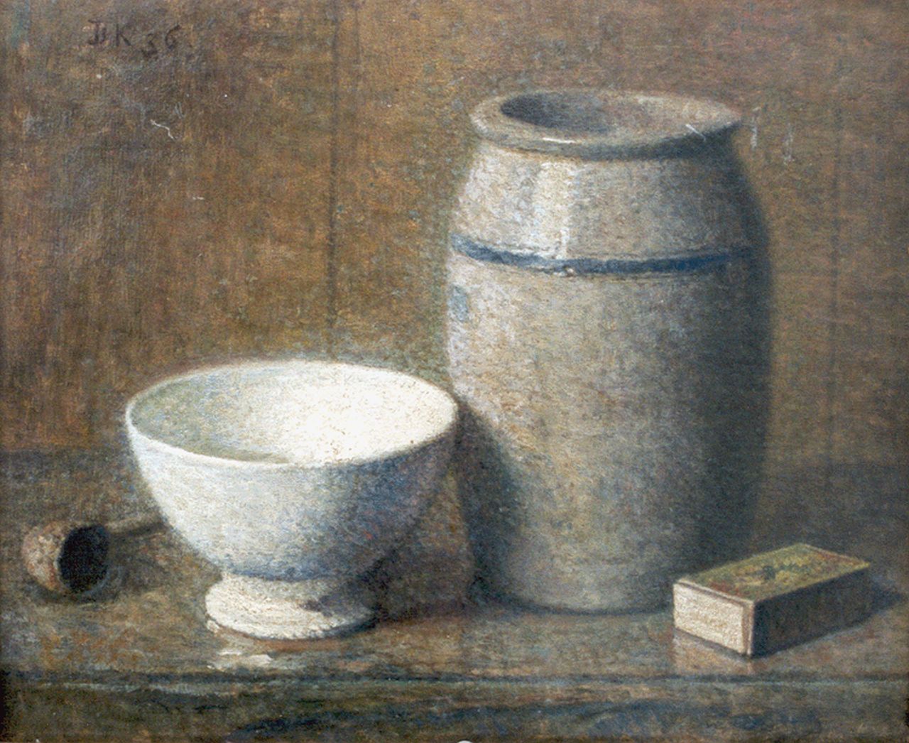 Komter D. | Douwe Komter, Stilleven met Keulse pot en kom, olieverf op schildersboard 27,0 x 32,4 cm, gesigneerd linksboven ini en gedateerd '36 Komter D. | Douwe Komter, Stilleven met Keulse pot en kom, olieverf op schildersboard 27,0 x 32,4 cm, gesigneerd linksboven ini en gedateerd '36
