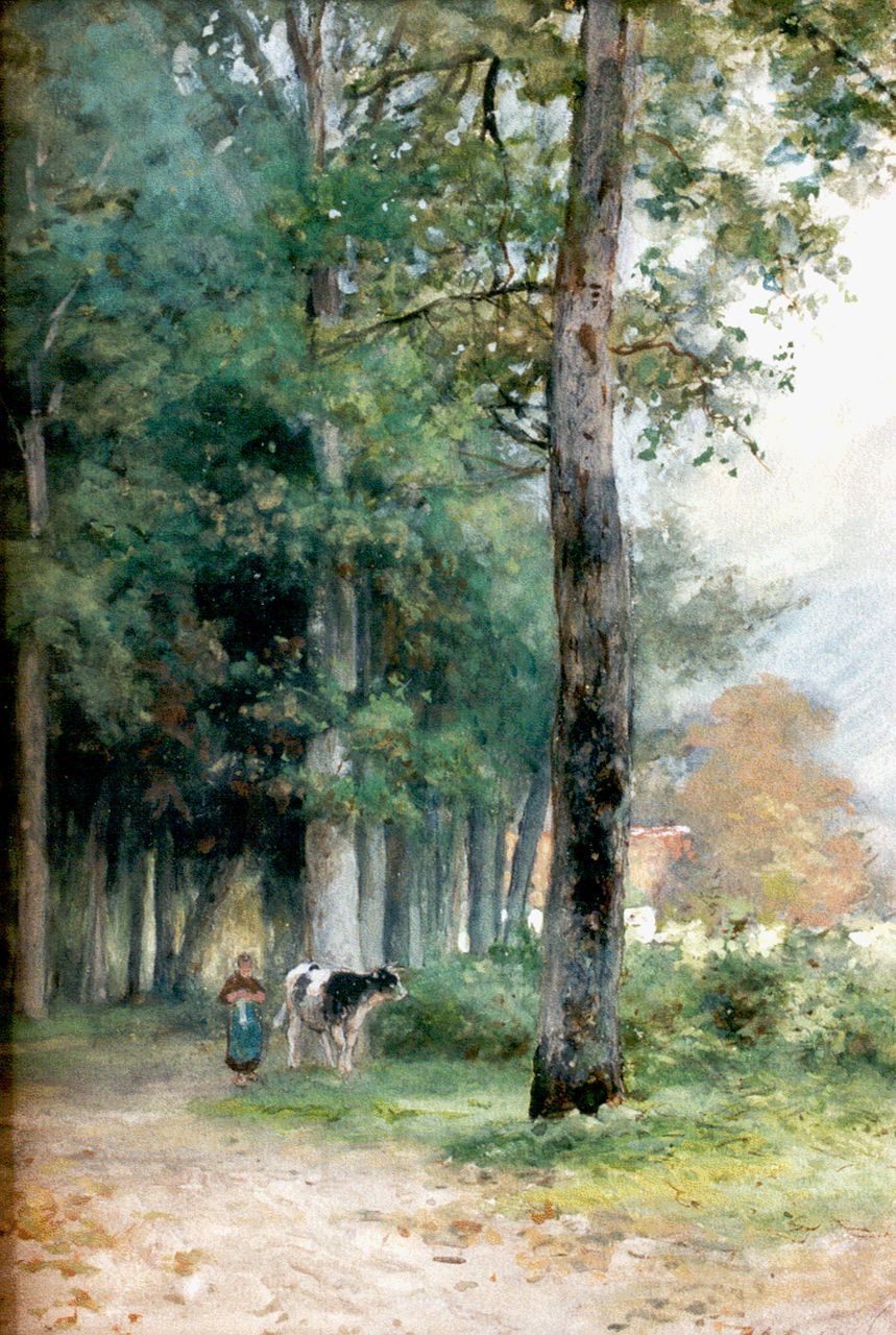 Schipperus P.A. | Pieter Adrianus 'Piet' Schipperus, Herderin met koe onder bomen, aquarel op papier 34,5 x 23,5 cm, gesigneerd rechtsonder Schipperus P.A. | Pieter Adrianus 'Piet' Schipperus, Herderin met koe onder bomen, aquarel op papier 34,5 x 23,5 cm, gesigneerd rechtsonder