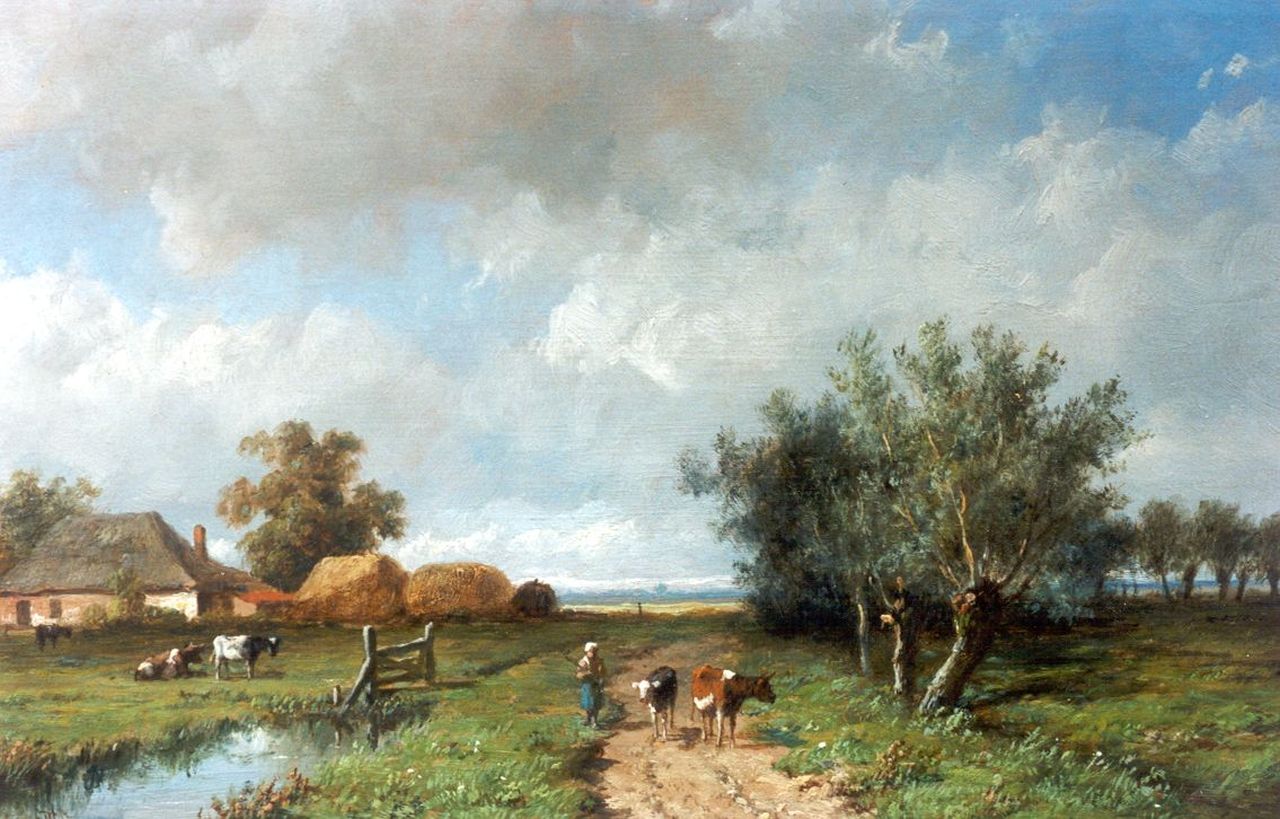 Wijngaerdt A.J. van | Anthonie Jacobus van Wijngaerdt, Herderin met koeien op een pad bij een boerderij, olieverf op paneel 15,9 x 26,0 cm, gesigneerd linksonder Wijngaerdt A.J. van | Anthonie Jacobus van Wijngaerdt, Herderin met koeien op een pad bij een boerderij, olieverf op paneel 15,9 x 26,0 cm, gesigneerd linksonder