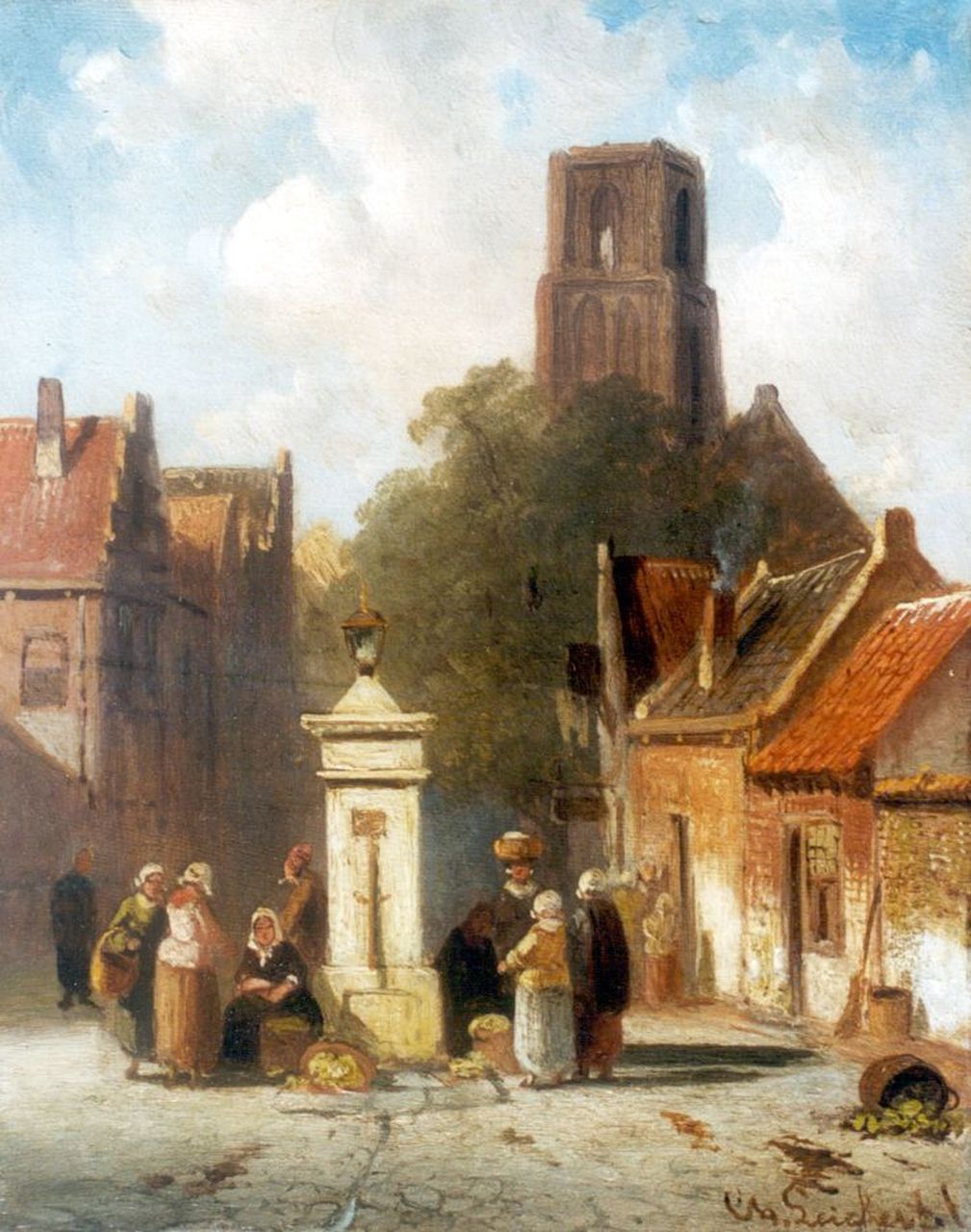 Leickert C.H.J.  | 'Charles' Henri Joseph Leickert, Dorpspleintje met groenteverkoopsters, olieverf op paneel 16,1 x 12,8 cm, gesigneerd rechtsonder