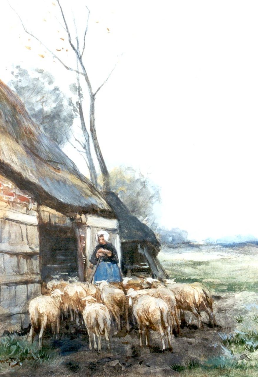 Jansen W.G.F. | 'Willem' George Frederik Jansen, Herderin met haar kudde, aquarel op papier 33,5 x 24,0 cm, gesigneerd linksonder Jansen W.G.F. | 'Willem' George Frederik Jansen, Herderin met haar kudde, aquarel op papier 33,5 x 24,0 cm, gesigneerd linksonder