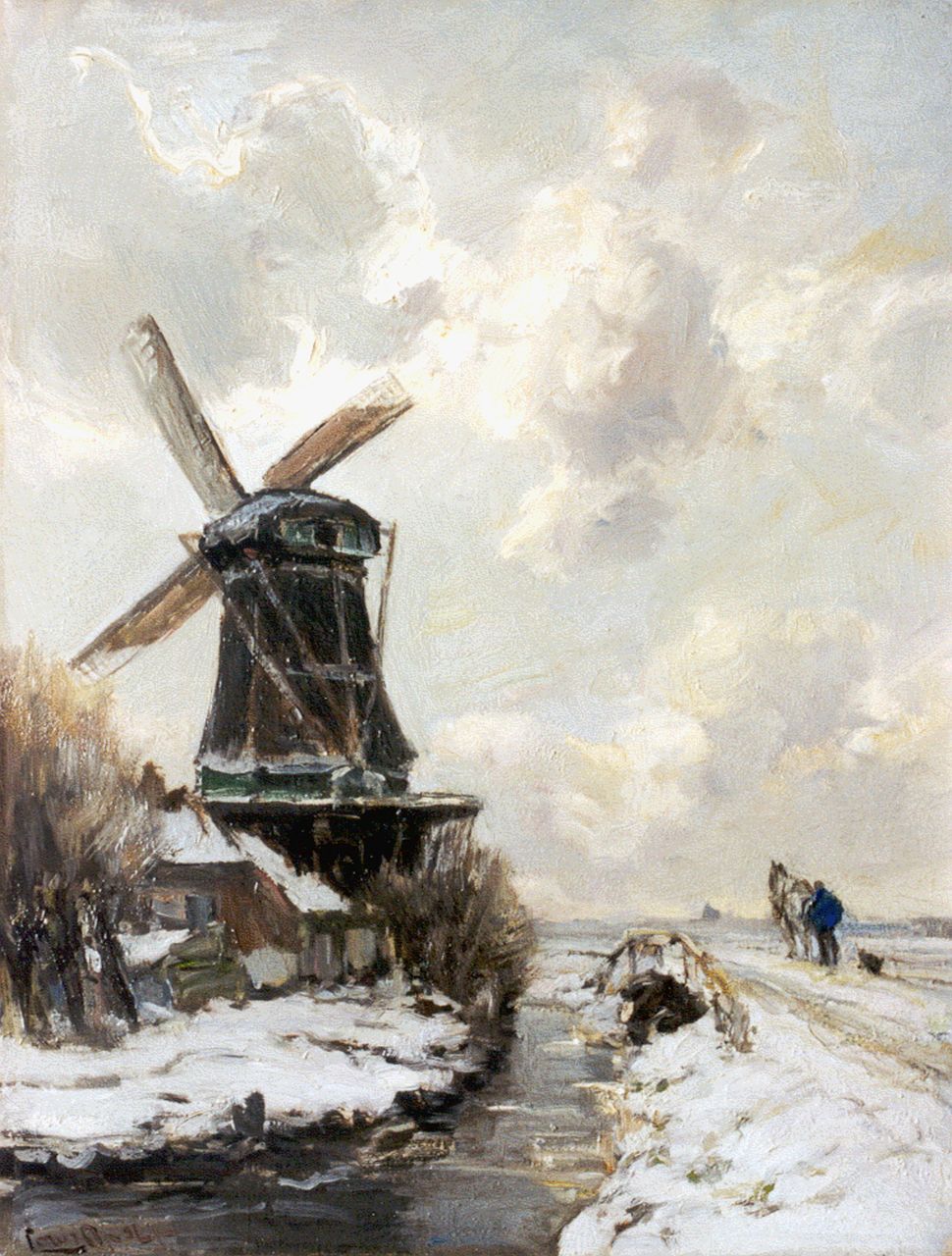Apol L.F.H. | Lodewijk Franciscus Hendrik 'Louis' Apol, Molen in besneeuwd polderlandschap, olieverf op doek 42,4 x 32,6 cm, gesigneerd linksonder Apol L.F.H. | Lodewijk Franciscus Hendrik 'Louis' Apol, Molen in besneeuwd polderlandschap, olieverf op doek 42,4 x 32,6 cm, gesigneerd linksonder