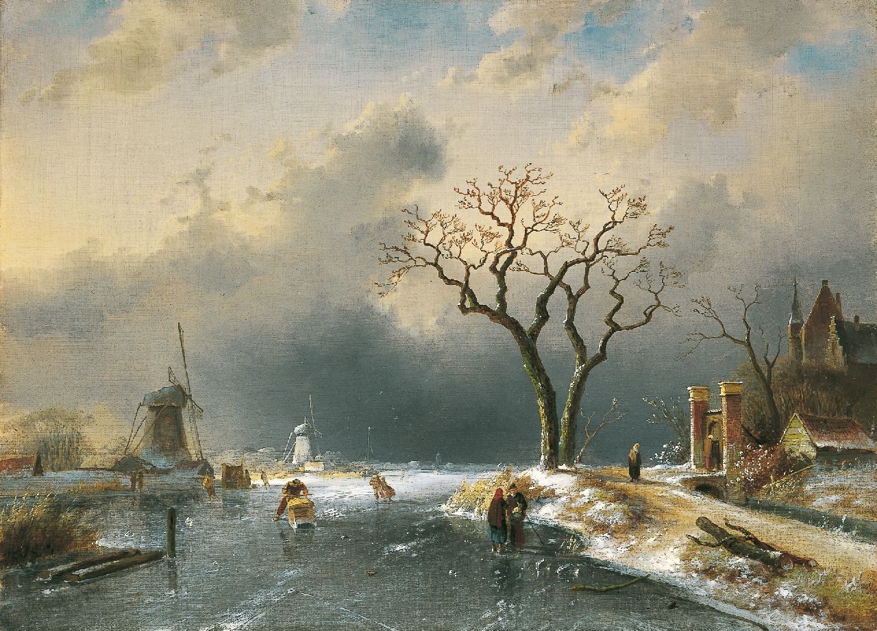 Leickert C.H.J.  | 'Charles' Henri Joseph Leickert, Winterlandschap met schaatsers en koek-en-zopie, olieverf op doek 43,5 x 60,0 cm, gesigneerd linksonder en gedateerd '65