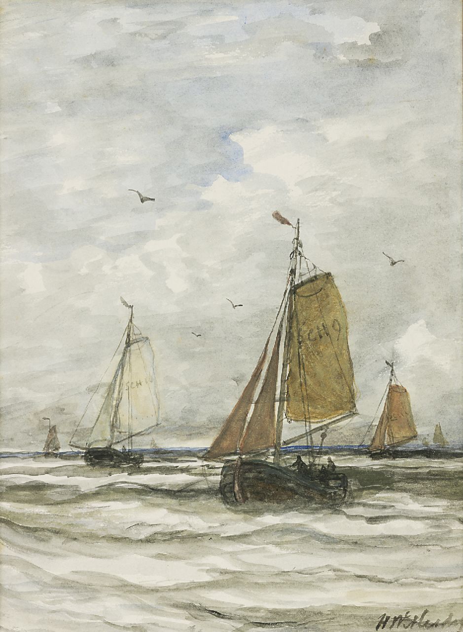 Mesdag H.W. | Hendrik Willem Mesdag, Scheveningse bomschuiten op volle zee, aquarel op papier 40,6 x 29,5 cm, gesigneerd rechtsonder Mesdag H.W. | Hendrik Willem Mesdag, Scheveningse bomschuiten op volle zee, aquarel op papier 40,6 x 29,5 cm, gesigneerd rechtsonder