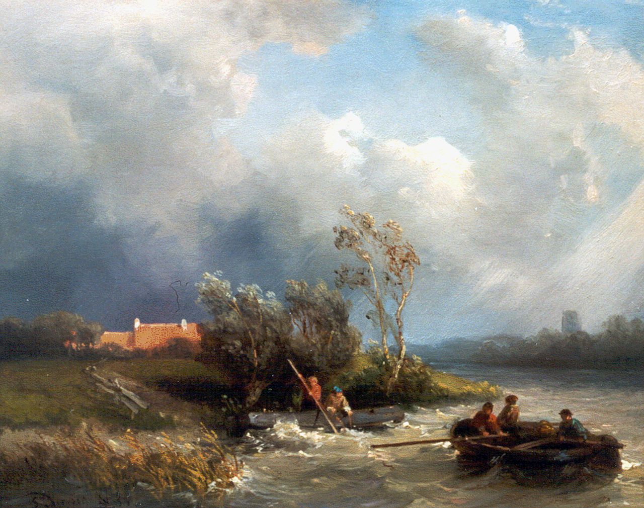 Verveer S.L. | 'Salomon' Leonardus Verveer, Vissers in een roeiboot op een woelige rivier, olieverf op paneel 19,8 x 24,7 cm, gesigneerd linksonder en gedateerd '53 Verveer S.L. | 'Salomon' Leonardus Verveer, Vissers in een roeiboot op een woelige rivier, olieverf op paneel 19,8 x 24,7 cm, gesigneerd linksonder en gedateerd '53