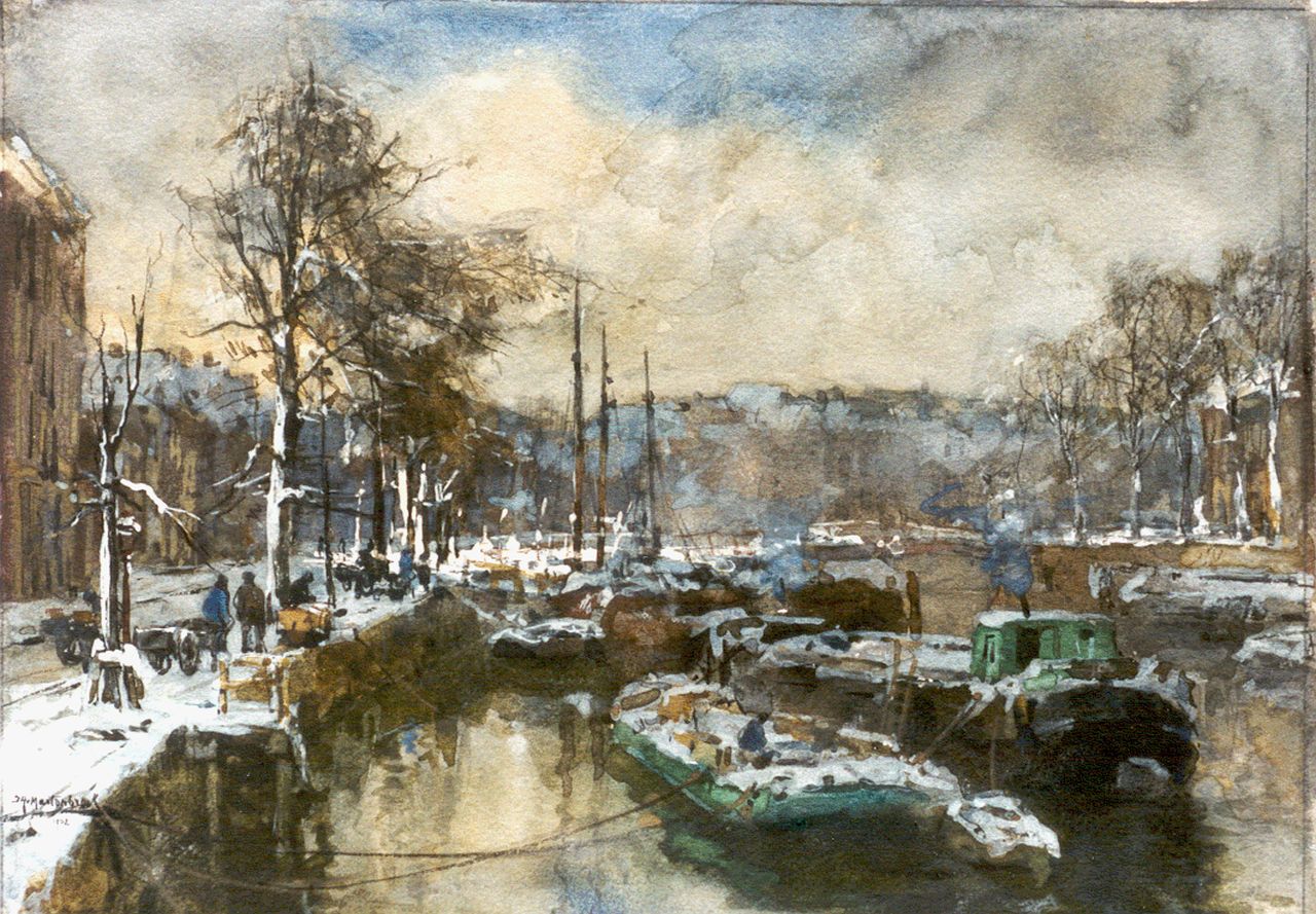 Mastenbroek J.H. van | Johan Hendrik van Mastenbroek, Havengezicht te Rotterdam in de winter, zwart krijt en aquarel op schildersboard 24,5 x 33,3 cm, gesigneerd linksonder en gedateerd 1902 Mastenbroek J.H. van | Johan Hendrik van Mastenbroek, Havengezicht te Rotterdam in de winter, zwart krijt en aquarel op schildersboard 24,5 x 33,3 cm, gesigneerd linksonder en gedateerd 1902