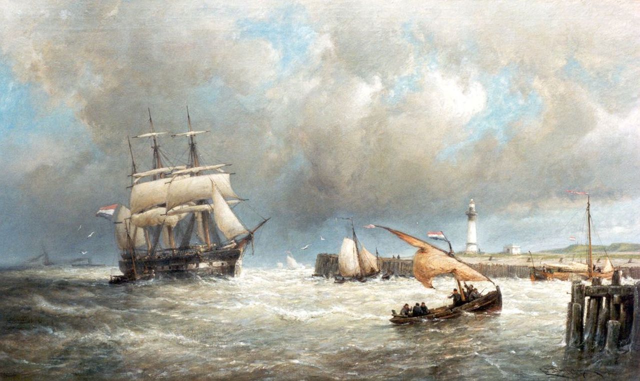 Dommelshuizen C.C. | Cornelis Christiaan Dommelshuizen, Havenmonding van Hellevoetsluis, olieverf op doek 77,3 x 127,5 cm, gesigneerd rechtsonder + verso en gedateerd 1896 Dommelshuizen C.C. | Cornelis Christiaan Dommelshuizen, Havenmonding van Hellevoetsluis, olieverf op doek 77,3 x 127,5 cm, gesigneerd rechtsonder + verso en gedateerd 1896