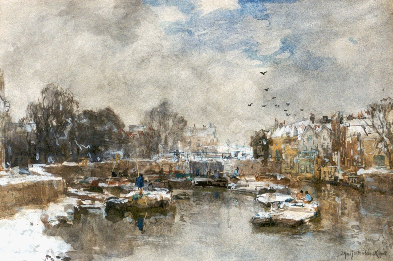 Mastenbroek J.H. van | Johan Hendrik van Mastenbroek, Gracht bij winter, inkt en aquarel op papier 19,6 x 29,0 cm, gesigneerd rechtsonder en gedateerd 1908