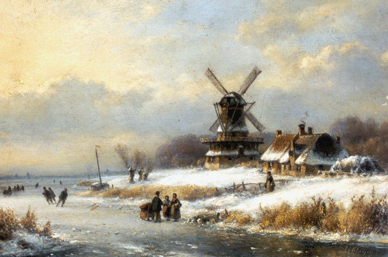 Kleijn L.J.  | Lodewijk Johannes Kleijn, Schaatsers op een bevroren rivierarm, olieverf op paneel 22,5 x 33,2 cm, gesigneerd rechtsonder