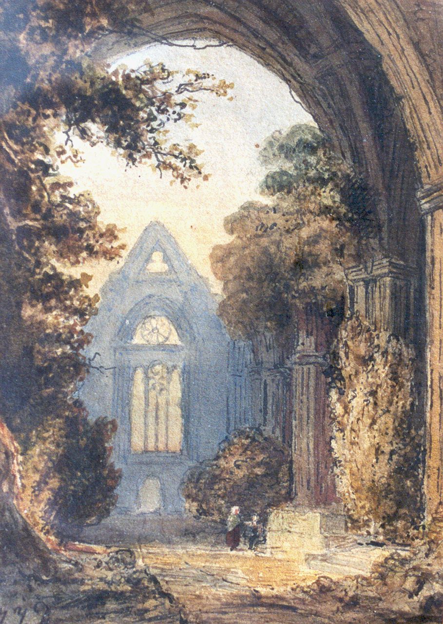 Destrée J.J. | Johannes Josephus Destrée, Ruïne van een kerk, inkt en aquarel op papier 15,5 x 11,5 cm, gesigneerd linksonder met initialen Destrée J.J. | Johannes Josephus Destrée, Ruïne van een kerk, inkt en aquarel op papier 15,5 x 11,5 cm, gesigneerd linksonder met initialen
