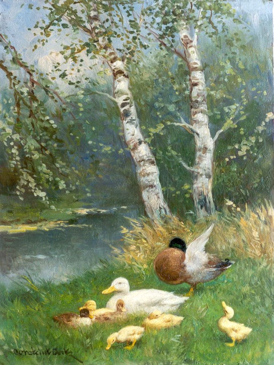 Artz C.D.L.  | 'Constant' David Ludovic Artz, Eendenfamilie op de oever, olieverf op paneel 24,0 x 18,0 cm, gesigneerd linksonder