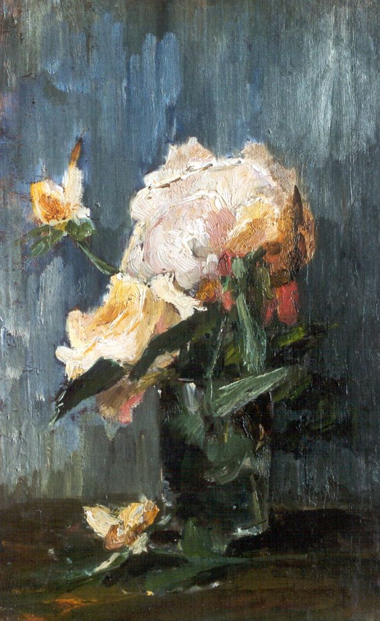 Mesdag-van Houten S. | Sina 'Sientje' Mesdag-van Houten, Studie van een roos, olieverf op doek op paneel 34,8 x 21,8 cm, gesigneerd verso op etiket Mesdag-van Houten S. | Sina 'Sientje' Mesdag-van Houten, Studie van een roos, olieverf op doek op paneel 34,8 x 21,8 cm, gesigneerd verso op etiket