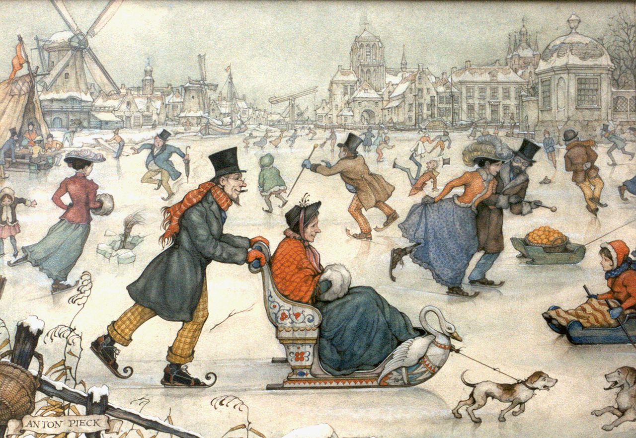 Pieck A.F. | 'Anton' Franciscus Pieck, Sleetje rijden op het ijs, potlood en aquarel op papier 31,0 x 41,5 cm, gesigneerd linksonder Pieck A.F. | 'Anton' Franciscus Pieck, Sleetje rijden op het ijs, potlood en aquarel op papier 31,0 x 41,5 cm, gesigneerd linksonder