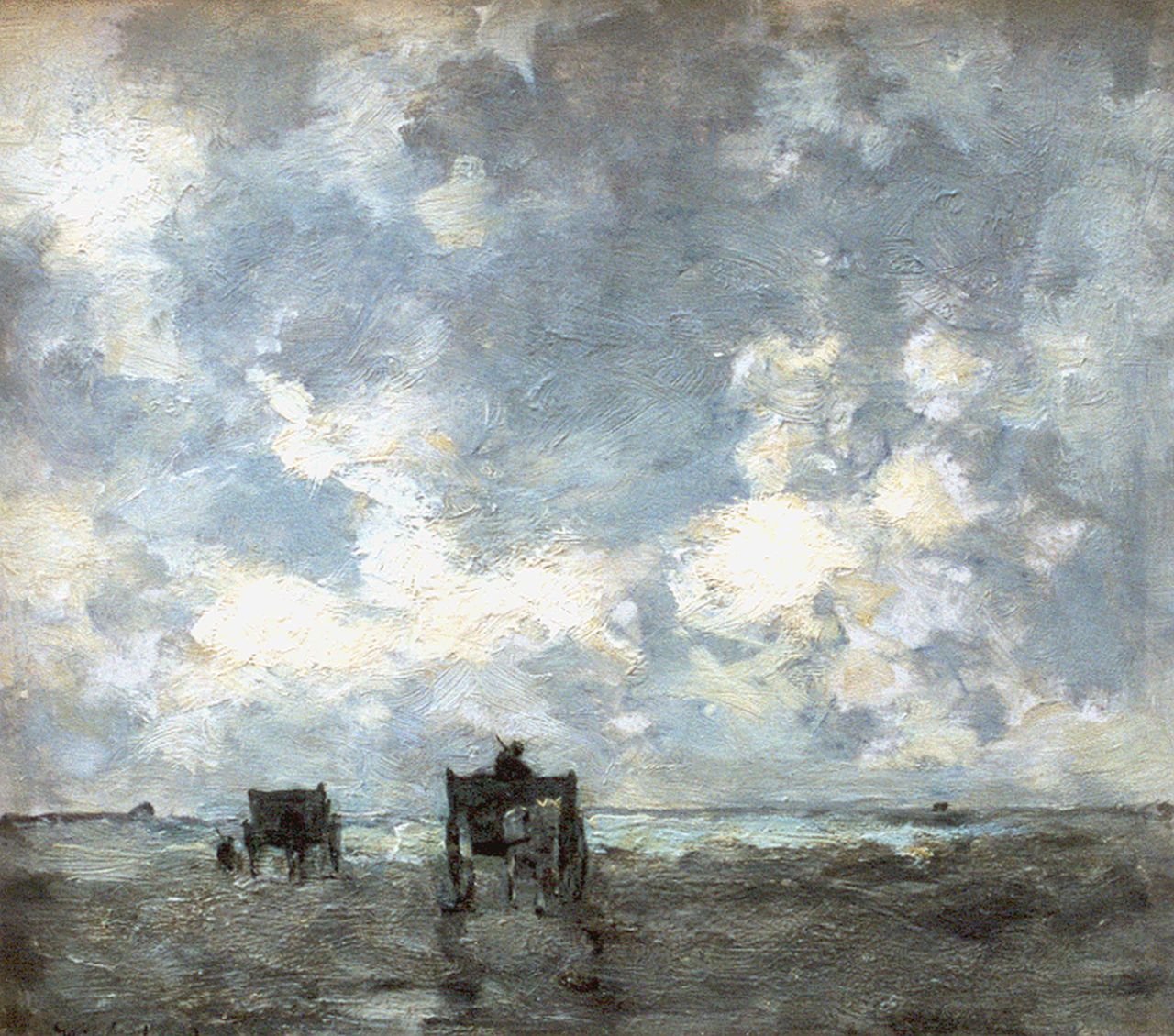 Weissenbruch H.J. | Hendrik Johannes 'J.H.' Weissenbruch, Strandgezicht met schelpenvissers, olieverf op paneel 26,8 x 29,2 cm, gesigneerd linksonder en gedateerd 1902 Weissenbruch H.J. | Hendrik Johannes 'J.H.' Weissenbruch, Strandgezicht met schelpenvissers, olieverf op paneel 26,8 x 29,2 cm, gesigneerd linksonder en gedateerd 1902