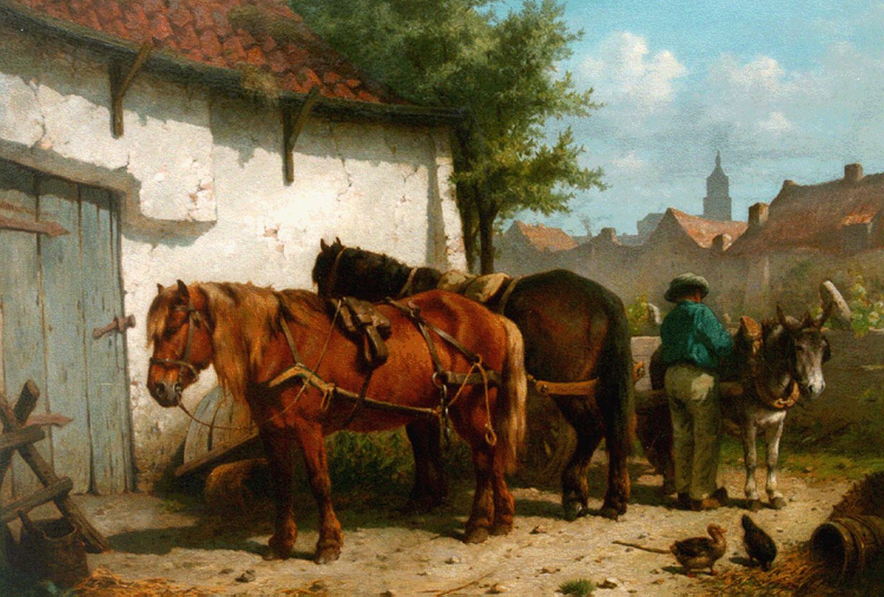 Verschuur jr. W. | Wouter Verschuur jr., Boer met twee paarden en ezel voor de herberg, olieverf op paneel 45,0 x 64,0 cm, gesigneerd rechtsonder en gedateerd '67 Verschuur jr. W. | Wouter Verschuur jr., Boer met twee paarden en ezel voor de herberg, olieverf op paneel 45,0 x 64,0 cm, gesigneerd rechtsonder en gedateerd '67