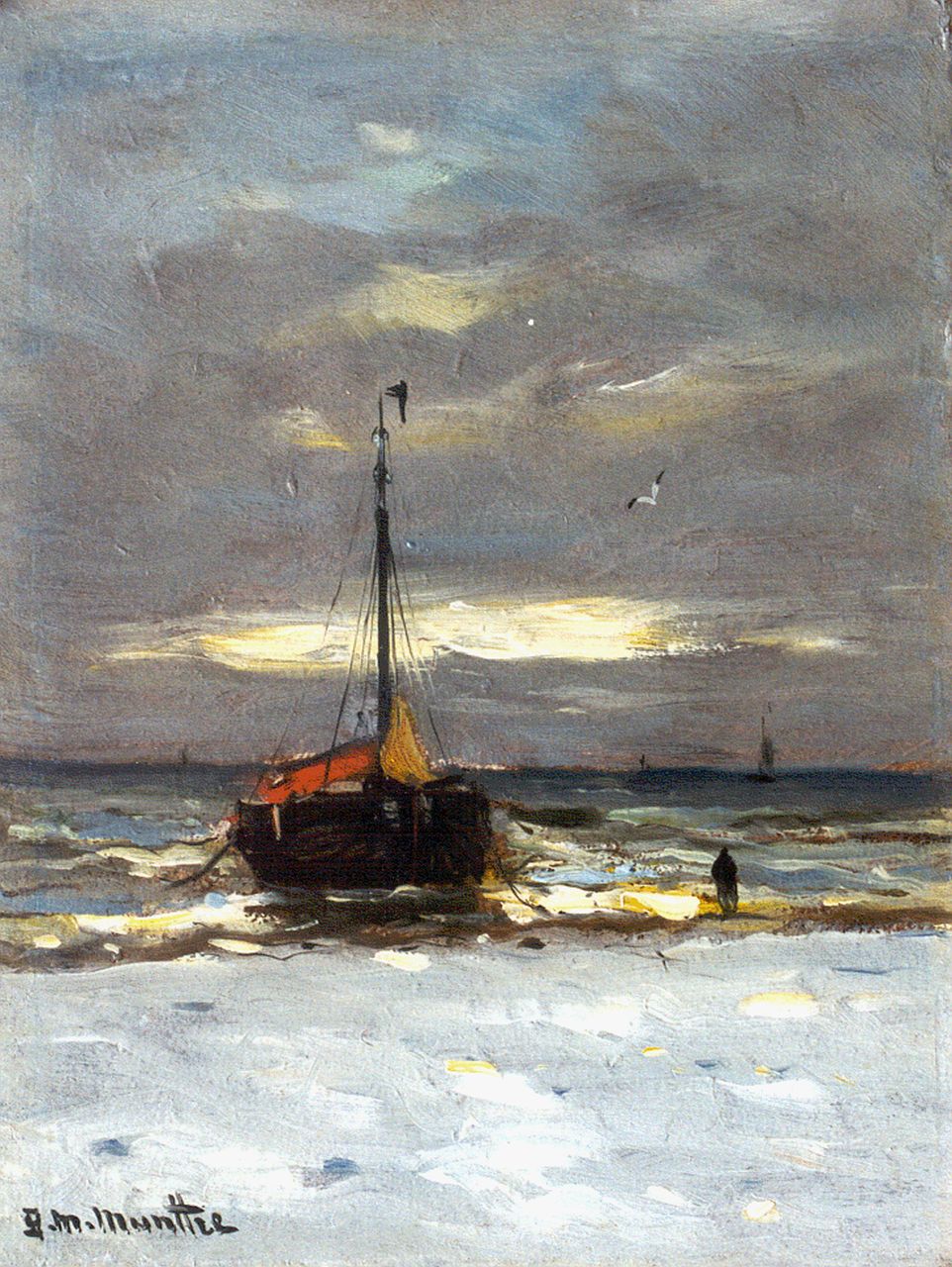 Munthe G.A.L. | Gerhard Arij Ludwig 'Morgenstjerne' Munthe, Bomschuit op het strand, 20,9 x 15,8 cm, gesigneerd linksonder Munthe G.A.L. | Gerhard Arij Ludwig 'Morgenstjerne' Munthe, Bomschuit op het strand, 20,9 x 15,8 cm, gesigneerd linksonder