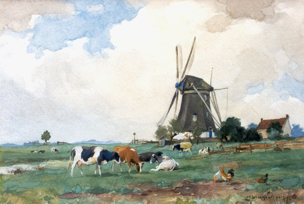 Groenewegen A.J. | Adrianus Johannes Groenewegen, Koeien en kippen bij een molen, aquarel op papier 18,3 x 26,3 cm, gesigneerd rechtsonder Groenewegen A.J. | Adrianus Johannes Groenewegen, Koeien en kippen bij een molen, aquarel op papier 18,3 x 26,3 cm, gesigneerd rechtsonder