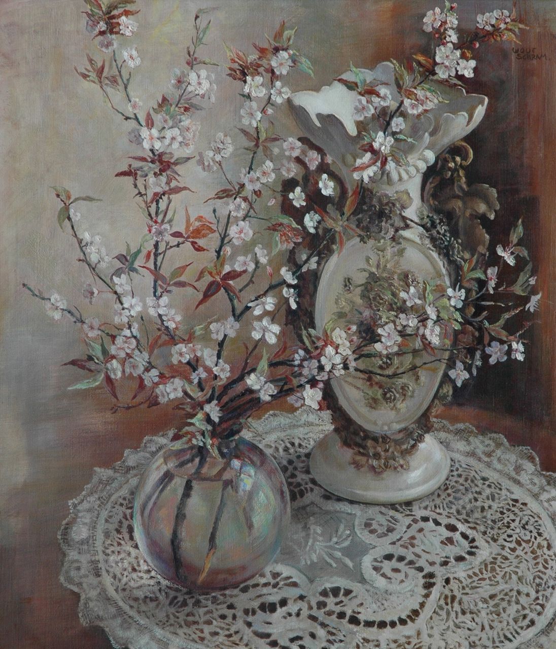 Schram W.J.B.A. | Wouter Jorinus Bernardus Antonius 'Wout' Schram, Stilleven met bloesemtak, olieverf op doek 75,0 x 65,0 cm, gesigneerd rechtsboven Schram W.J.B.A. | Wouter Jorinus Bernardus Antonius 'Wout' Schram, Stilleven met bloesemtak, olieverf op doek 75,0 x 65,0 cm, gesigneerd rechtsboven