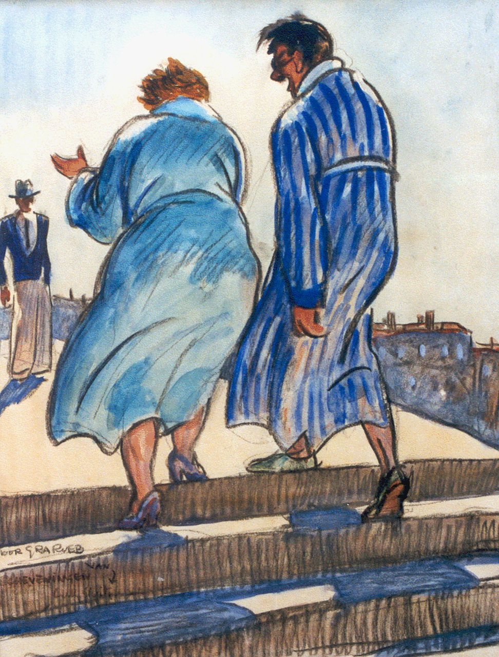 Sluiter J.W. | Jan Willem 'Willy' Sluiter, Badgasten te Scheveningen, zwart krijt en aquarel op papier 47,3 x 37,0 cm, gesigneerd linksonder Sluiter J.W. | Jan Willem 'Willy' Sluiter, Badgasten te Scheveningen, zwart krijt en aquarel op papier 47,3 x 37,0 cm, gesigneerd linksonder