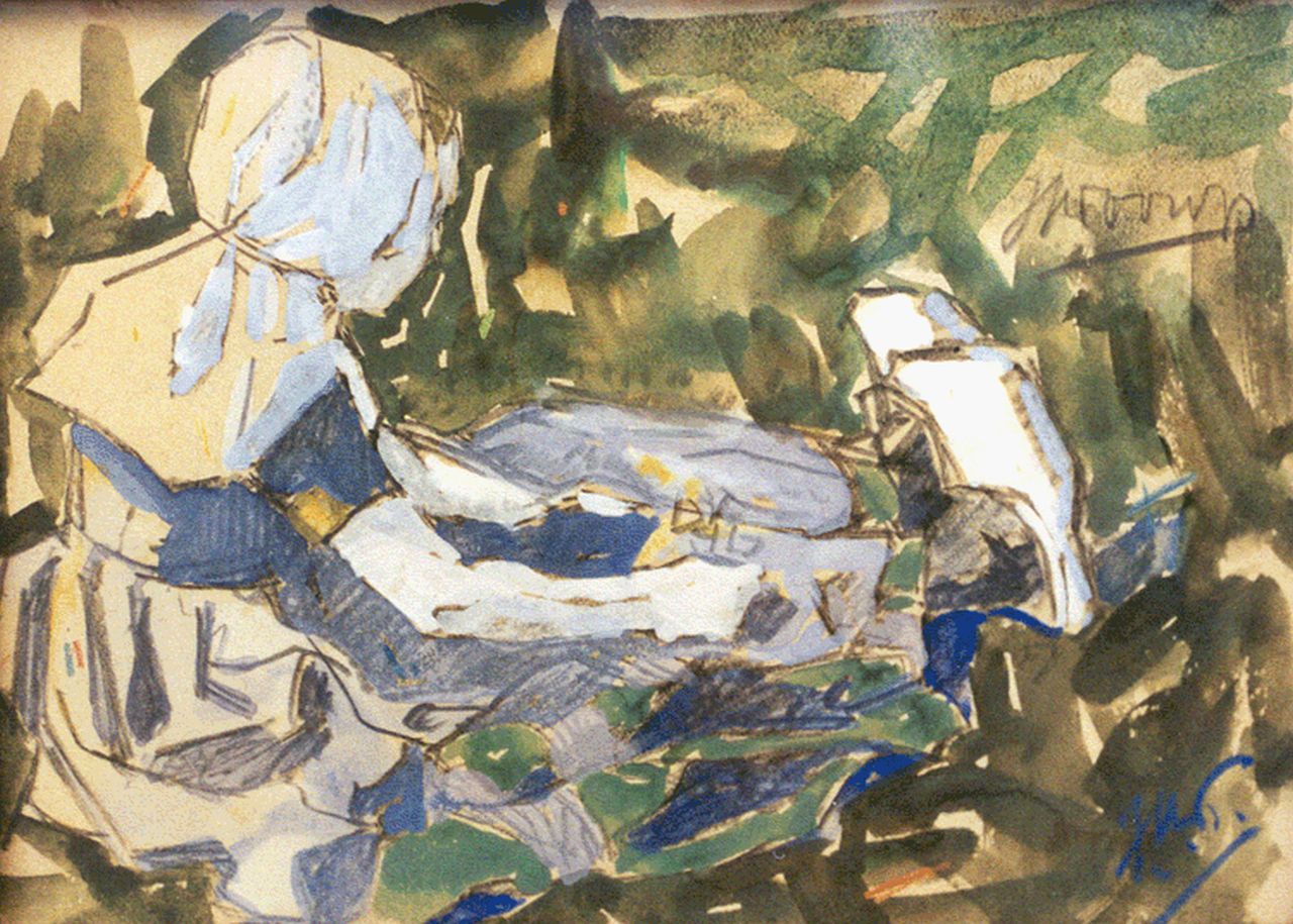 Toorop J.Th.  | Johannes Theodorus 'Jan' Toorop, Zeeuws boerinnetje, krijt, aquarel en gouache op papier 12,0 x 16,3 cm, gesigneerd rechtsonder mon en rechtsboven