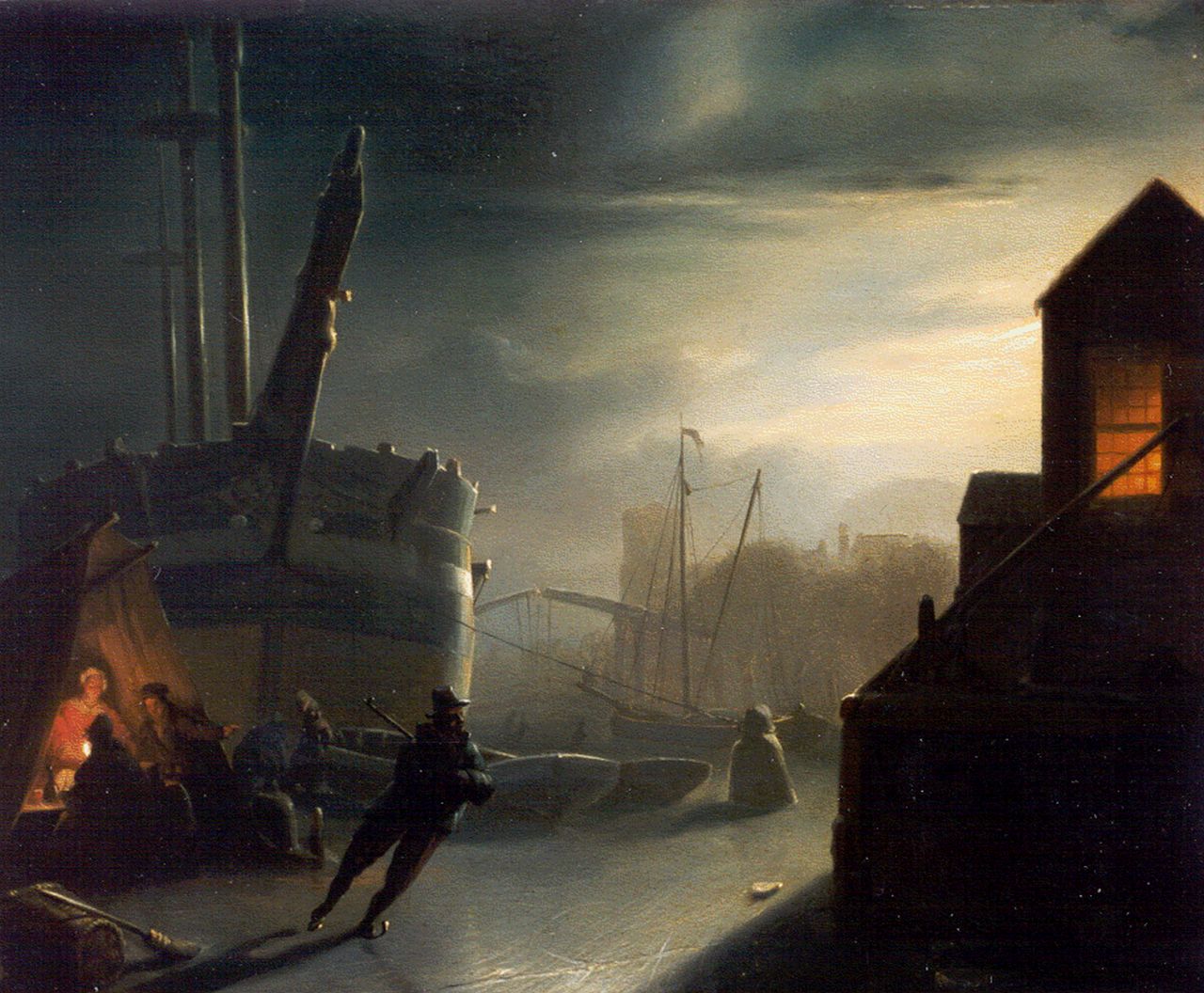 Schendel P. van | Petrus van Schendel, Bevroren stadsgracht bij maanlicht, olieverf op paneel 25,1 x 30,6 cm, gesigneerd rechtsonder