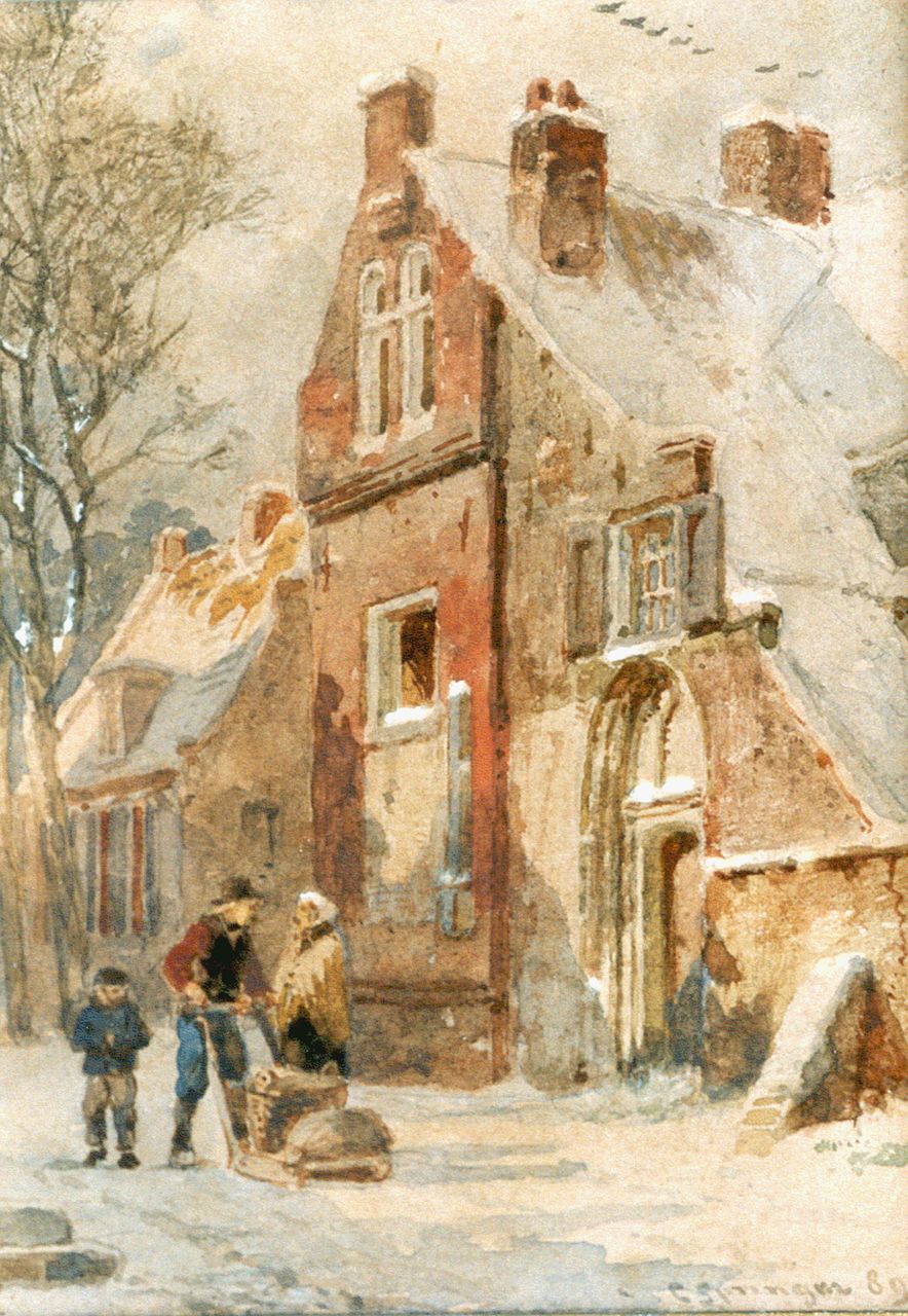 Springer C. | Cornelis Springer, Winters straatje te Hattem met gezelschap en duwslede, aquarel op papier 14,5 x 11,0 cm, gesigneerd rechtsonder en gedateerd '89 Springer C. | Cornelis Springer, Winters straatje te Hattem met gezelschap en duwslede, aquarel op papier 14,5 x 11,0 cm, gesigneerd rechtsonder en gedateerd '89