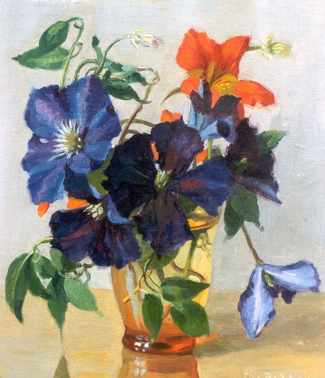 Bakker J. | Johannes 'Jan' Bakker, Clematis in glazen vaas, olieverf op paneel 26,0 x 23,0 cm, gesigneerd rechtsonder Bakker J. | Johannes 'Jan' Bakker, Clematis in glazen vaas, olieverf op paneel 26,0 x 23,0 cm, gesigneerd rechtsonder