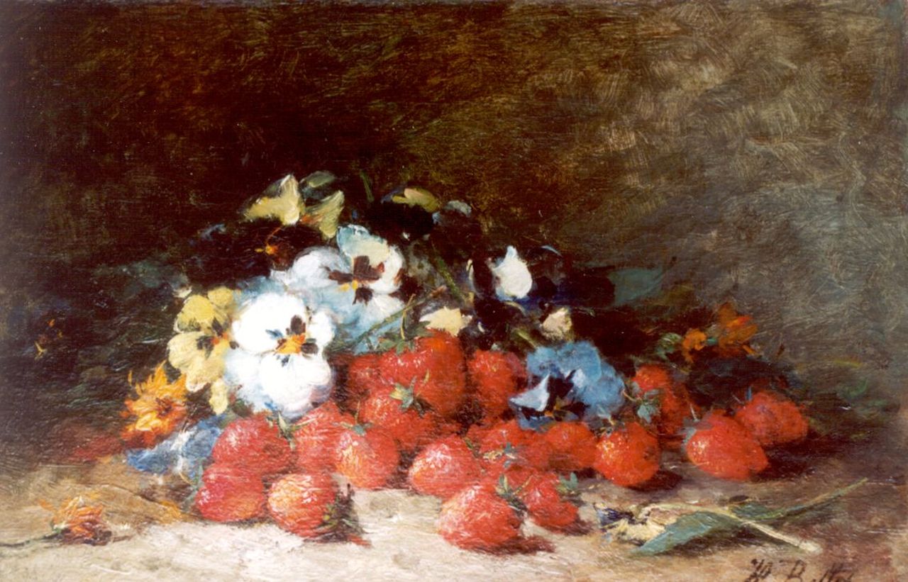 Bellis J.L. | Josse-Lambert 'Hubert' Bellis, Bloemstilleven met aardbeien, olieverf op doek 29,5 x 43,5 cm, gesigneerd rechtsonder Bellis J.L. | Josse-Lambert 'Hubert' Bellis, Bloemstilleven met aardbeien, olieverf op doek 29,5 x 43,5 cm, gesigneerd rechtsonder