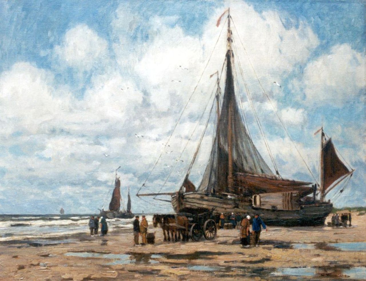 Hambüchen W. | Wilhelm Hambüchen, Vissersboot met figuren op het strand, olieverf op doek 61,4 x 79,0 cm, gesigneerd rechtsonder Hambüchen W. | Wilhelm Hambüchen, Vissersboot met figuren op het strand, olieverf op doek 61,4 x 79,0 cm, gesigneerd rechtsonder