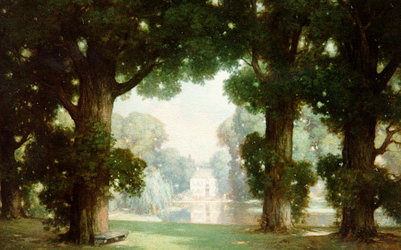 Bogaerts J.J.M. | Johannes Jacobus Maria 'Jan' Bogaerts, Gezicht op landhuis met parkvijver, olieverf op doek 70,0 x 100,0 cm, gesigneerd rechtsonder en gedateerd 1929 Bogaerts J.J.M. | Johannes Jacobus Maria 'Jan' Bogaerts, Gezicht op landhuis met parkvijver, olieverf op doek 70,0 x 100,0 cm, gesigneerd rechtsonder en gedateerd 1929