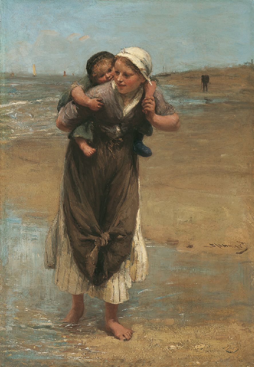 Blommers B.J.  | Bernardus Johannes 'Bernard' Blommers, Op zusjes rug langs het strand, olieverf op doek 65,2 x 45,3 cm, gesigneerd rechts van het midden