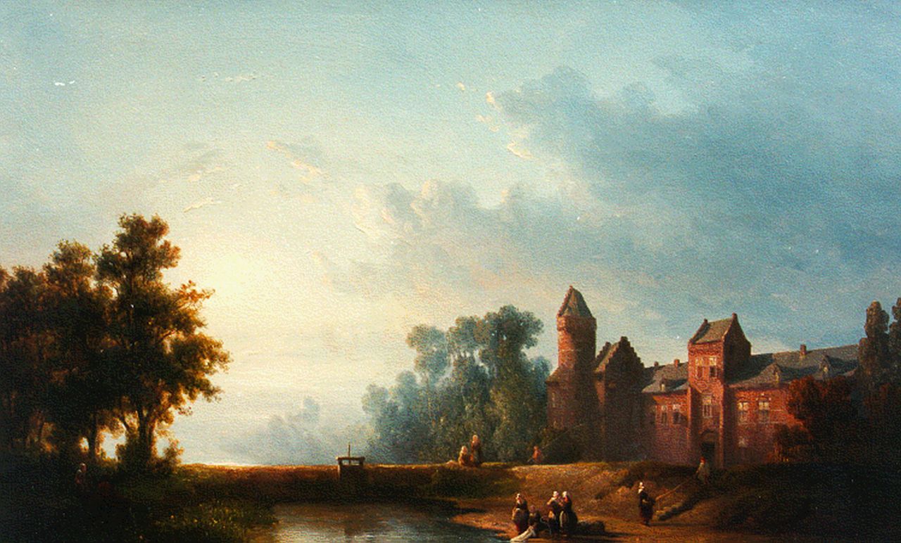 Verveer S.L. | 'Salomon' Leonardus Verveer, Wasvrouwen aan een riviertje bij een kasteel, olieverf op paneel 43,5 x 60,8 cm, gesigneerd rechtsonder en gedateerd '49 Verveer S.L. | 'Salomon' Leonardus Verveer, Wasvrouwen aan een riviertje bij een kasteel, olieverf op paneel 43,5 x 60,8 cm, gesigneerd rechtsonder en gedateerd '49
