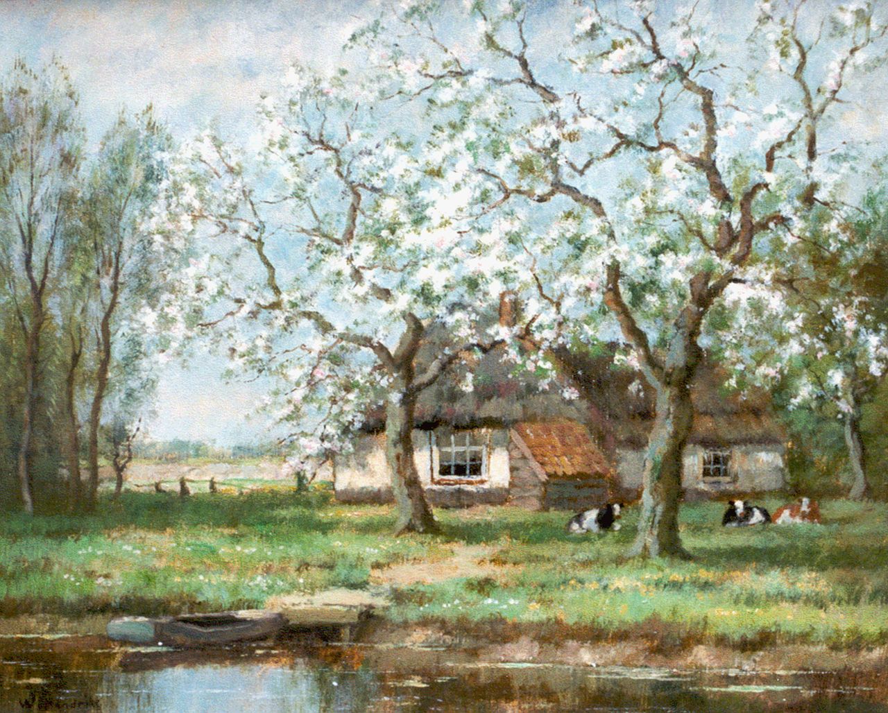 Bouter C.W. | Cornelis Wouter 'Cor' Bouter, Bloeiende boomgaard met vee, olieverf op doek 41,0 x 51,2 cm, gesigneerd linksonder 'W. Hendriks' Bouter C.W. | Cornelis Wouter 'Cor' Bouter, Bloeiende boomgaard met vee, olieverf op doek 41,0 x 51,2 cm, gesigneerd linksonder 'W. Hendriks'