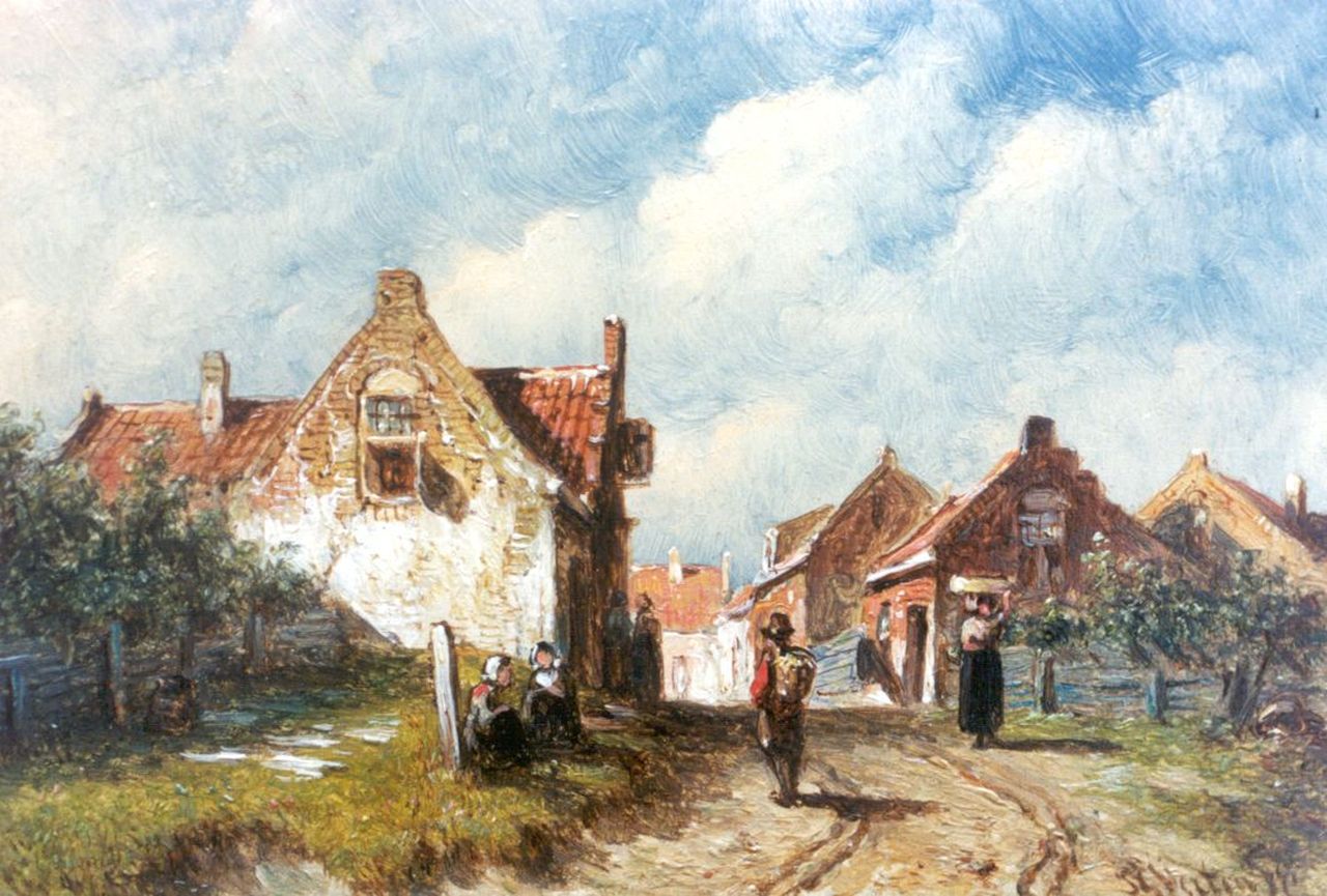Vertin P.G. | Petrus Gerardus Vertin, Dorpsgezicht met figuren op een zandweg, olieverf op paneel 10,0 x 14,5 cm, gesigneerd rechtsonder en gedateerd '71 Vertin P.G. | Petrus Gerardus Vertin, Dorpsgezicht met figuren op een zandweg, olieverf op paneel 10,0 x 14,5 cm, gesigneerd rechtsonder en gedateerd '71