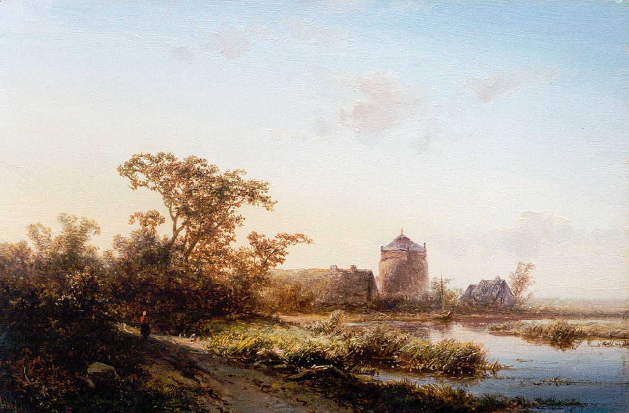 Kluyver P.L.F. | 'Pieter' Lodewijk Francisco Kluyver, Zomers rivierlandschap bij zonsondergang, olieverf op paneel 18,0 x 27,4 cm, gesigneerd linksonder Kluyver P.L.F. | 'Pieter' Lodewijk Francisco Kluyver, Zomers rivierlandschap bij zonsondergang, olieverf op paneel 18,0 x 27,4 cm, gesigneerd linksonder