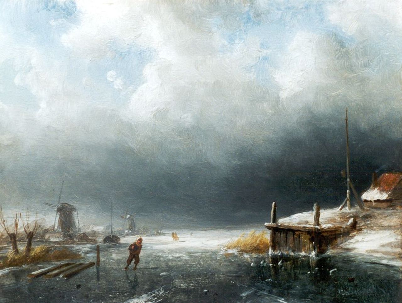Leickert C.H.J. | 'Charles' Henri Joseph Leickert, IJsgezicht bij opkomende storm, olieverf op paneel 13,6 x 18,0 cm, gesigneerd rechtsonder Leickert C.H.J. | 'Charles' Henri Joseph Leickert, IJsgezicht bij opkomende storm, olieverf op paneel 13,6 x 18,0 cm, gesigneerd rechtsonder