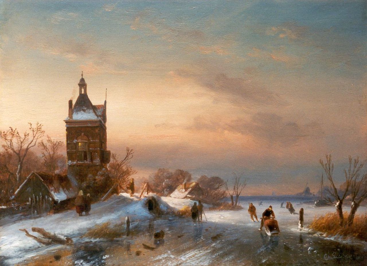 Leickert C.H.J. | 'Charles' Henri Joseph Leickert, Bevroren rivier met schaatsers, olieverf op paneel 23,6 x 32,0 cm, gesigneerd rechtsonder Leickert C.H.J. | 'Charles' Henri Joseph Leickert, Bevroren rivier met schaatsers, olieverf op paneel 23,6 x 32,0 cm, gesigneerd rechtsonder