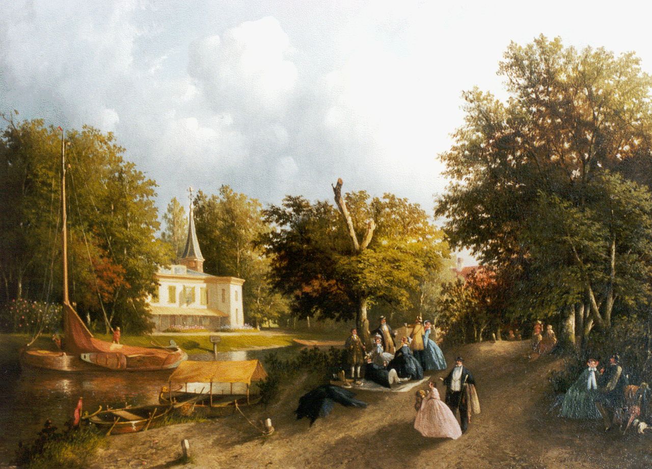 Bles J. | Joseph Bles, Picknicken en wandelen langs de stadssingel, olieverf op paneel 37,1 x 49,7 cm, gesigneerd rechtsonder Bles J. | Joseph Bles, Picknicken en wandelen langs de stadssingel, olieverf op paneel 37,1 x 49,7 cm, gesigneerd rechtsonder
