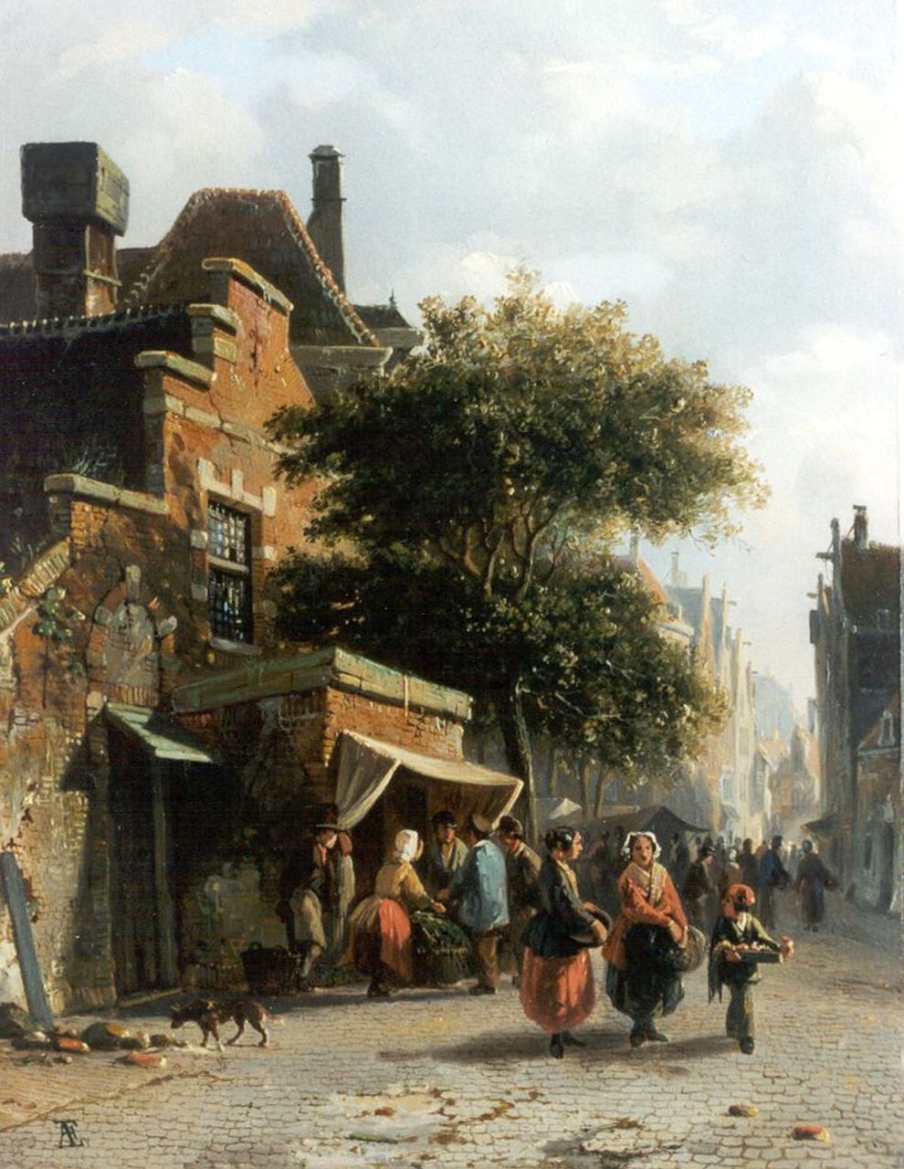 Eversen A. | Adrianus Eversen, Marktdag, olieverf op paneel 27,8 x 21,7 cm, gesigneerd linksonder met monogram Eversen A. | Adrianus Eversen, Marktdag, olieverf op paneel 27,8 x 21,7 cm, gesigneerd linksonder met monogram