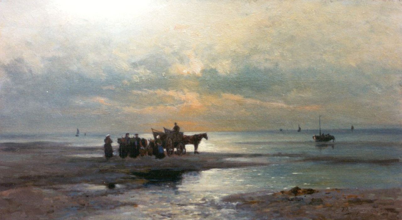 Schipperus P.A. | Pieter Adrianus 'Piet' Schipperus, Schelpenkar en vissers bij ondergaande zon, 32,0 x 57,7 cm, gesigneerd rechtsonder + verso en gedateerd 1919 Schipperus P.A. | Pieter Adrianus 'Piet' Schipperus, Schelpenkar en vissers bij ondergaande zon, 32,0 x 57,7 cm, gesigneerd rechtsonder + verso en gedateerd 1919