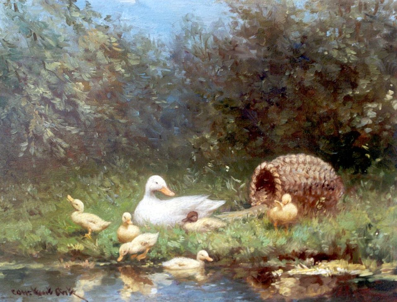 Artz C.D.L.  | 'Constant' David Ludovic Artz, Eend met kuikens bij een broedkorf, olieverf op paneel 18,1 x 24,2 cm, gesigneerd linksonder
