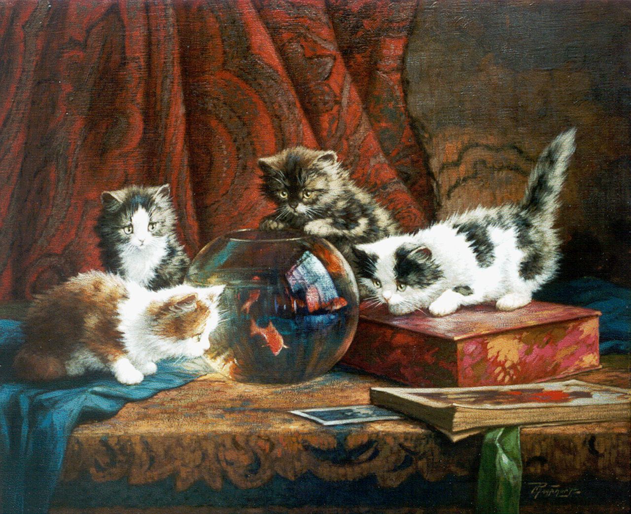 Raaphorst C. | Cornelis Raaphorst, Vier poesjes bij een vissekom, olieverf op doek 50,3 x 60,4 cm, gesigneerd rechtsonder Raaphorst C. | Cornelis Raaphorst, Vier poesjes bij een vissekom, olieverf op doek 50,3 x 60,4 cm, gesigneerd rechtsonder