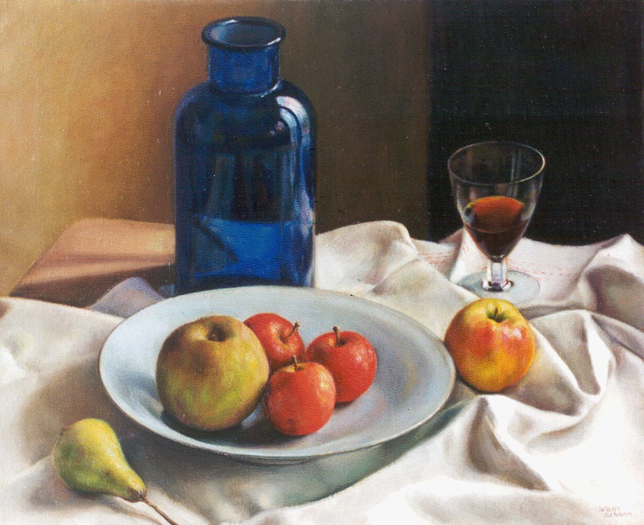 Schram W.J.B.A. | Wouter Jorinus Bernardus Antonius 'Wout' Schram, Stilleven met appels en blauwe stopfles, olieverf op doek 49,8 x 60,4 cm, gesigneerd rechtsonder + verso 2x Schram W.J.B.A. | Wouter Jorinus Bernardus Antonius 'Wout' Schram, Stilleven met appels en blauwe stopfles, olieverf op doek 49,8 x 60,4 cm, gesigneerd rechtsonder + verso 2x